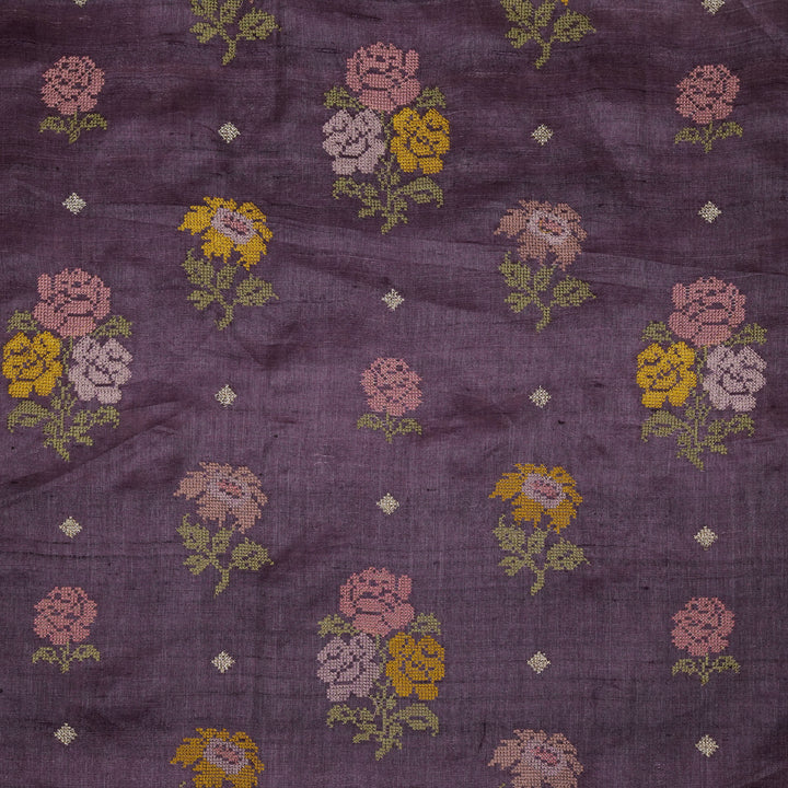 Noorain Buta On Aubergine Tussar Silk Embroidered Fabric