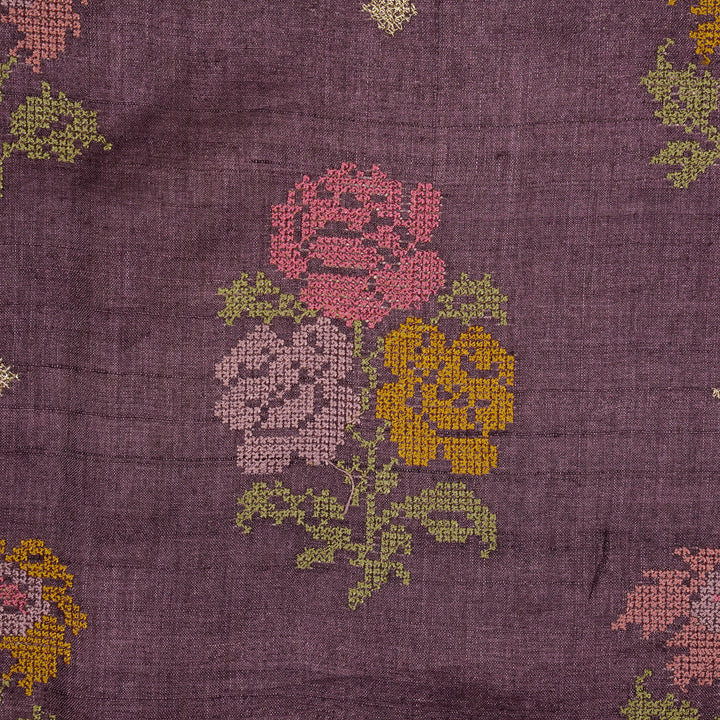 Noorain Buta On Aubergine Tussar Silk Embroidered Fabric