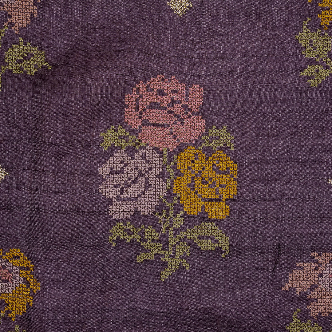 Noorain Buta On Aubergine Tussar Silk Embroidered Fabric