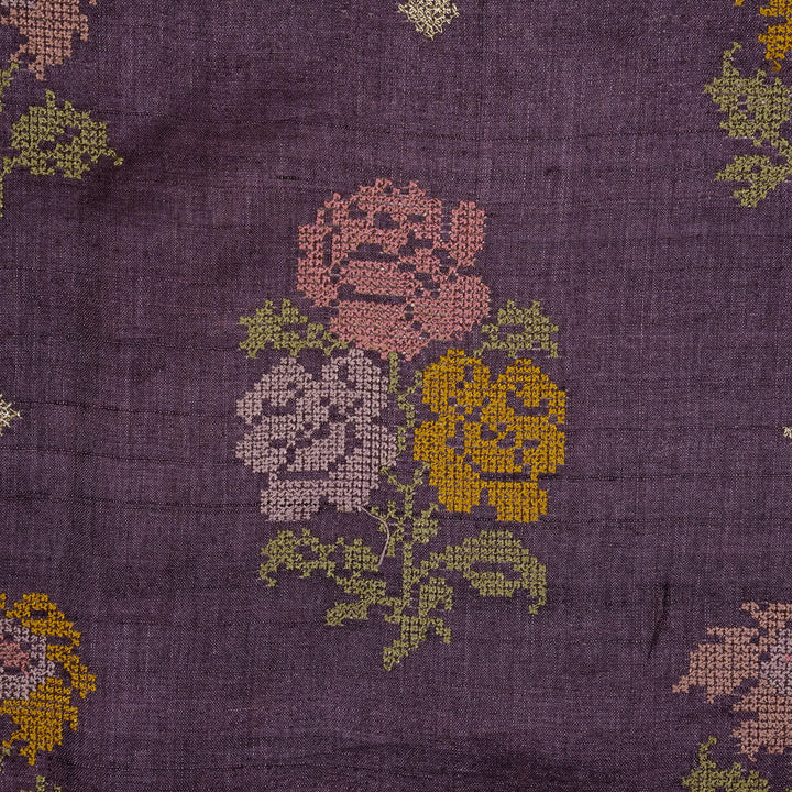 Noorain Buta On Aubergine Tussar Silk Embroidered Fabric