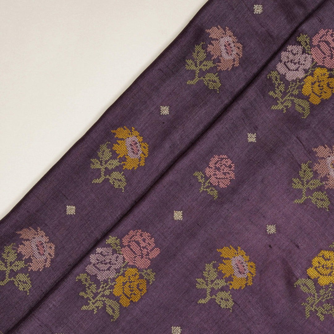 Noorain Buta On Aubergine Tussar Silk Embroidered Fabric