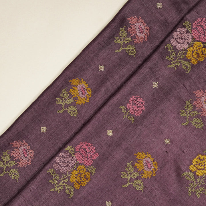 Noorain Buta On Aubergine Tussar Silk Embroidered Fabric