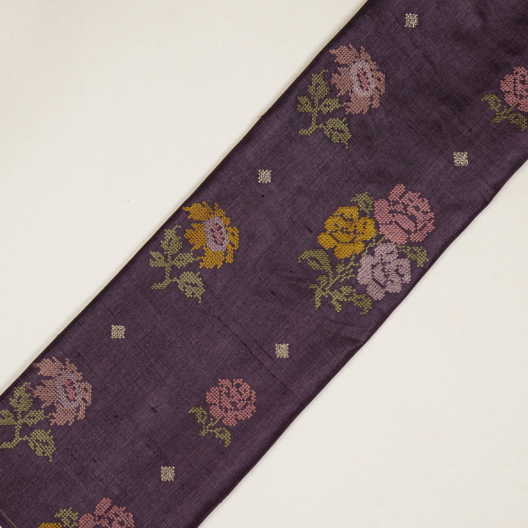 Noorain Buta On Aubergine Tussar Silk Embroidered Fabric