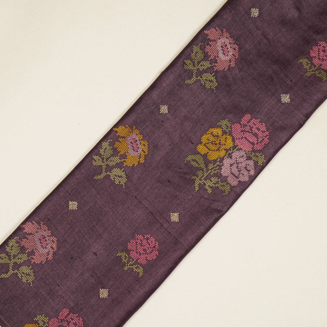 Noorain Buta On Aubergine Tussar Silk Embroidered Fabric