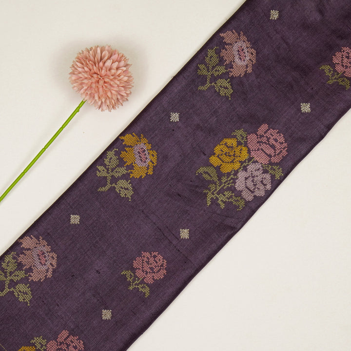 Noorain Buta On Aubergine Tussar Silk Embroidered Fabric