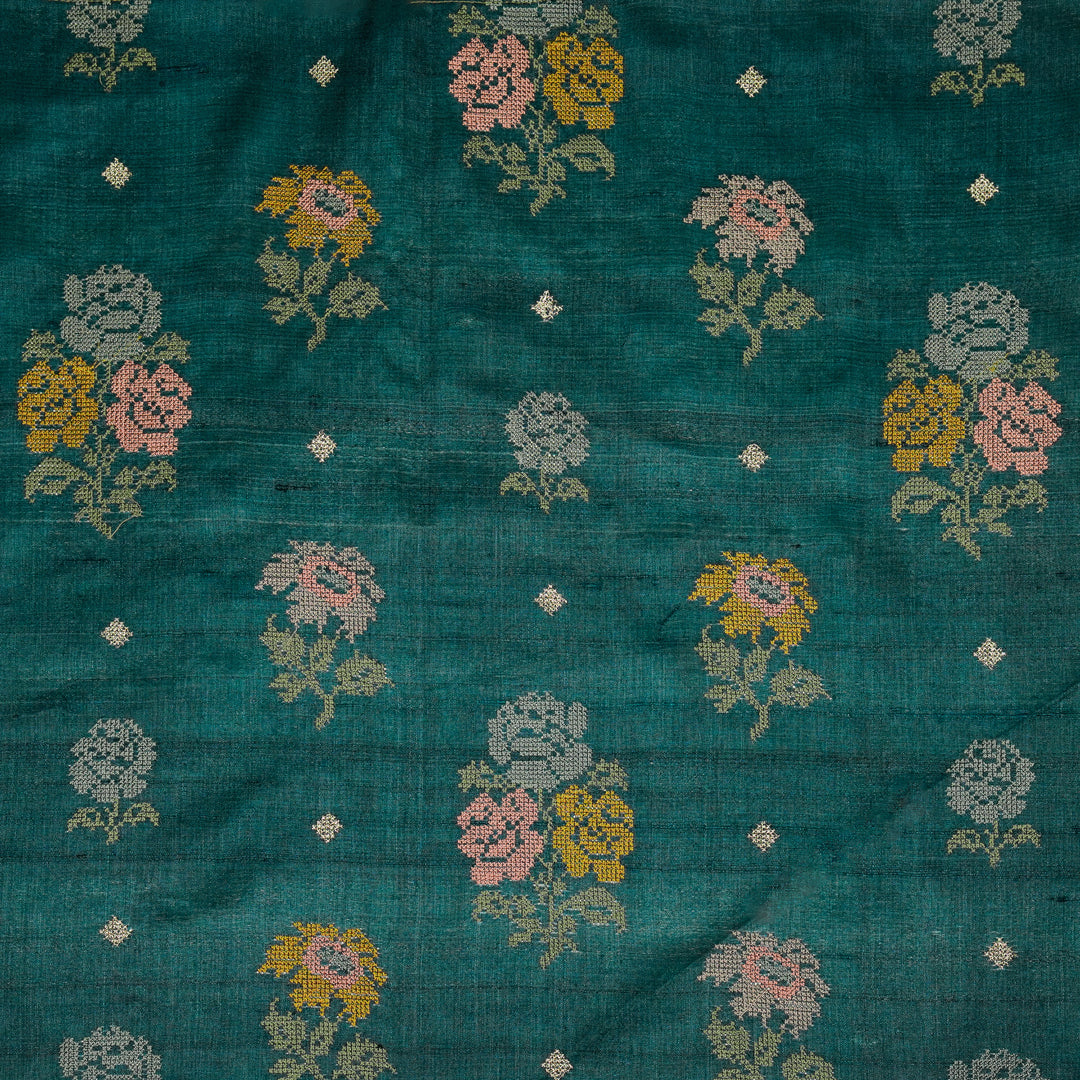 Noorain Buta On Teal Blue Tussar Silk Embroidered Fabric