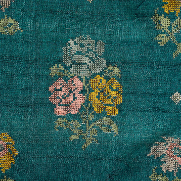 Noorain Buta On Teal Blue Tussar Silk Embroidered Fabric