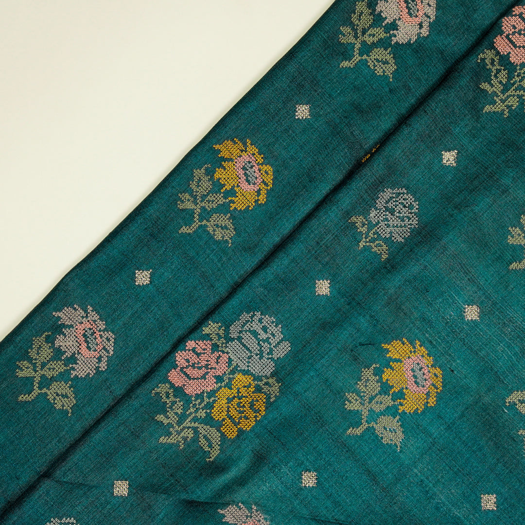 Noorain Buta On Teal Blue Tussar Silk Embroidered Fabric