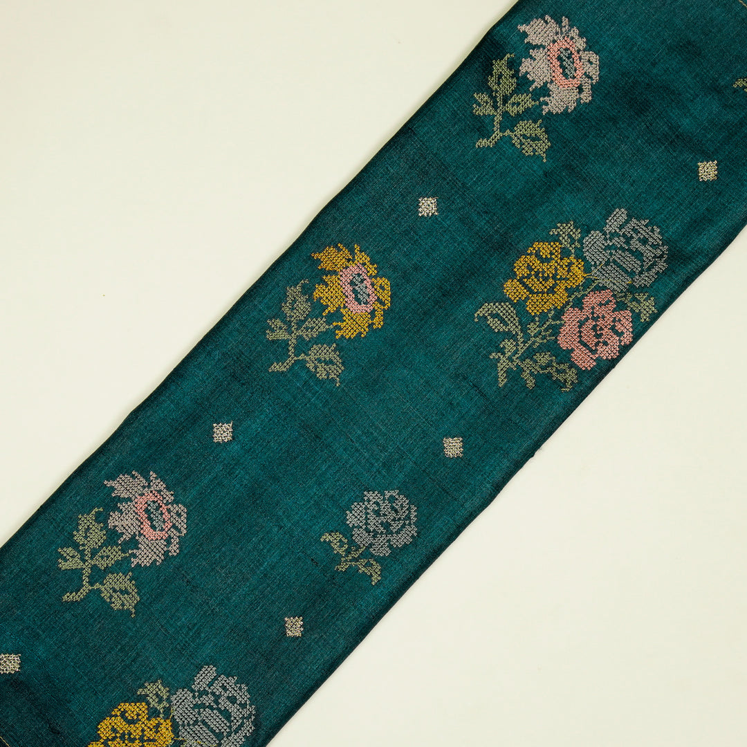 Noorain Buta On Teal Blue Tussar Silk Embroidered Fabric