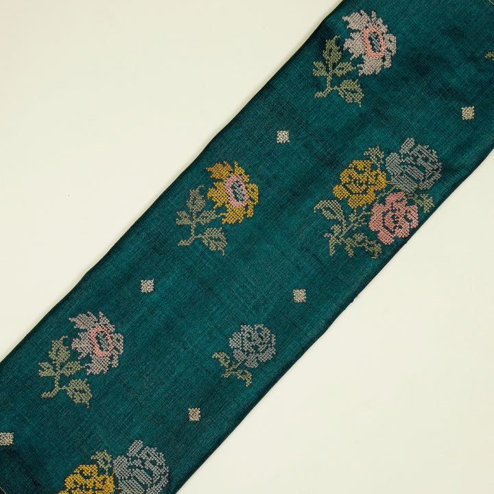 Noorain Buta On Teal Blue Tussar Silk Embroidered Fabric