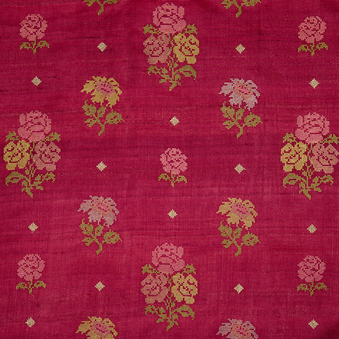 Noorain Buta On Magenta Tussar Silk Embroidered Fabric