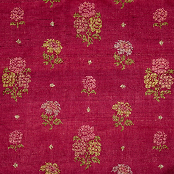 Noorain Buta On Magenta Tussar Silk Embroidered Fabric