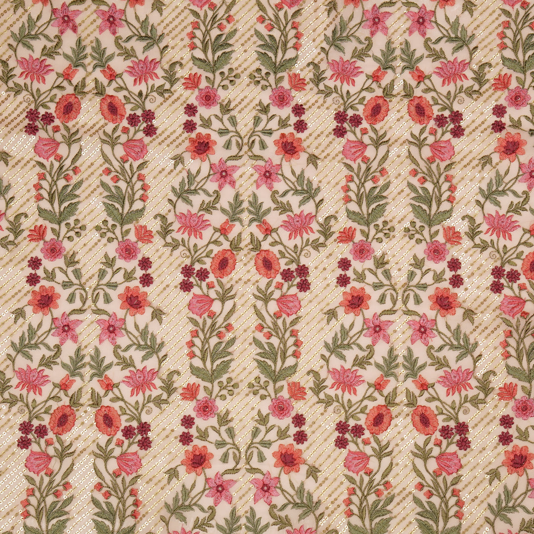 Kanan Jaal on Light Peach Semi Georgette Embroidered Fabric