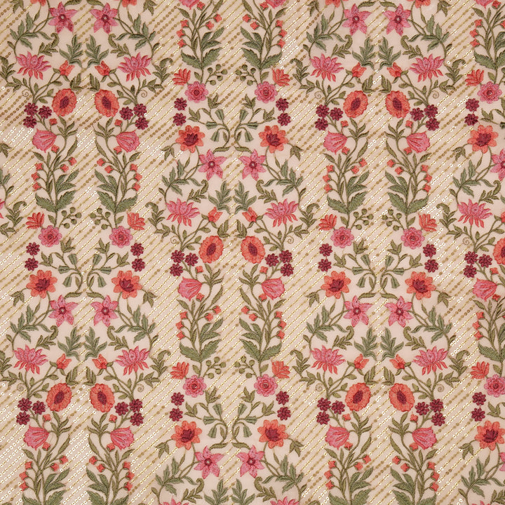 Kanan Jaal on Light Peach Semi Georgette Embroidered Fabric