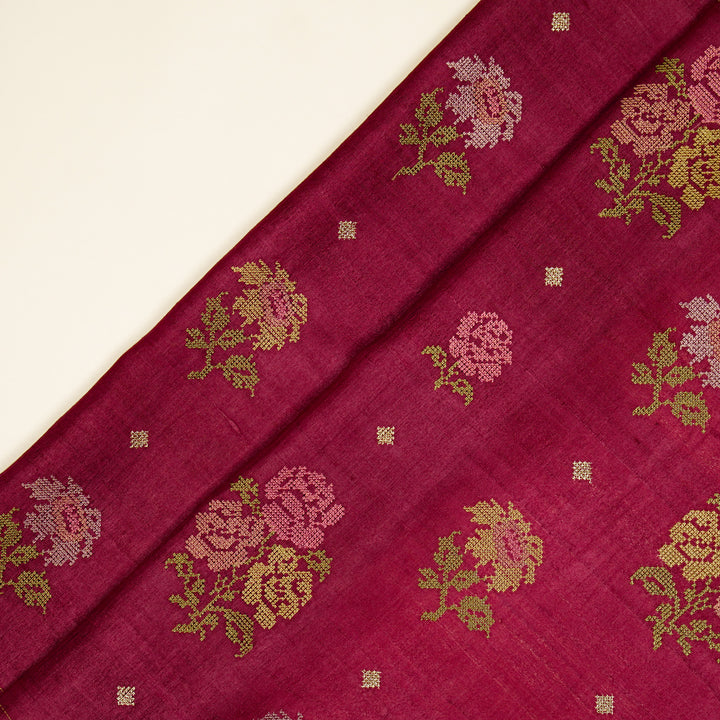 Noorain Buta On Magenta Tussar Silk Embroidered Fabric