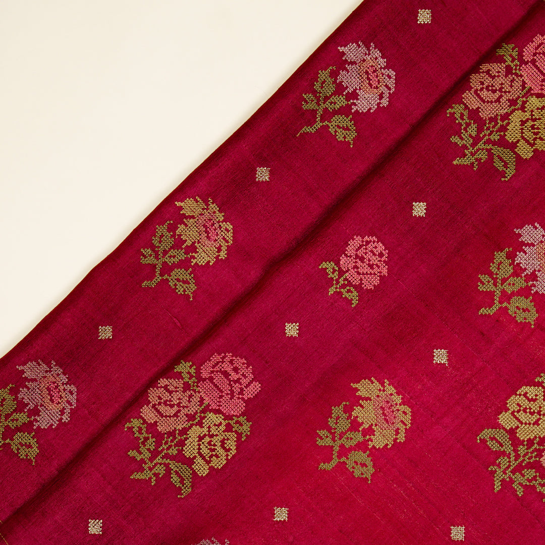 Noorain Buta On Magenta Tussar Silk Embroidered Fabric