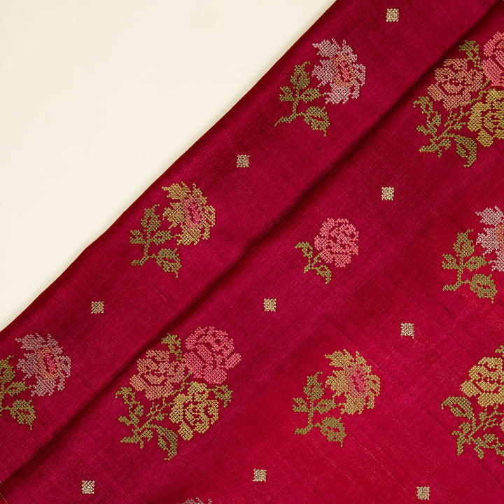 Noorain Buta On Magenta Tussar Silk Embroidered Fabric