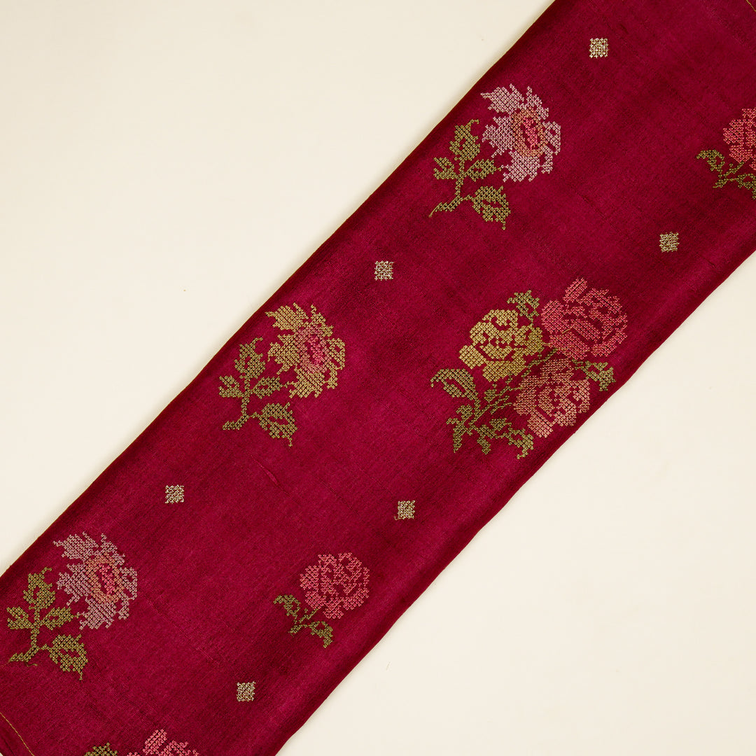 Noorain Buta On Magenta Tussar Silk Embroidered Fabric