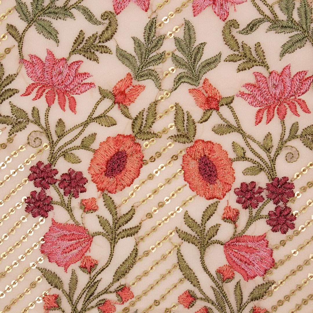 Kanan Jaal on Light Peach Semi Georgette Embroidered Fabric