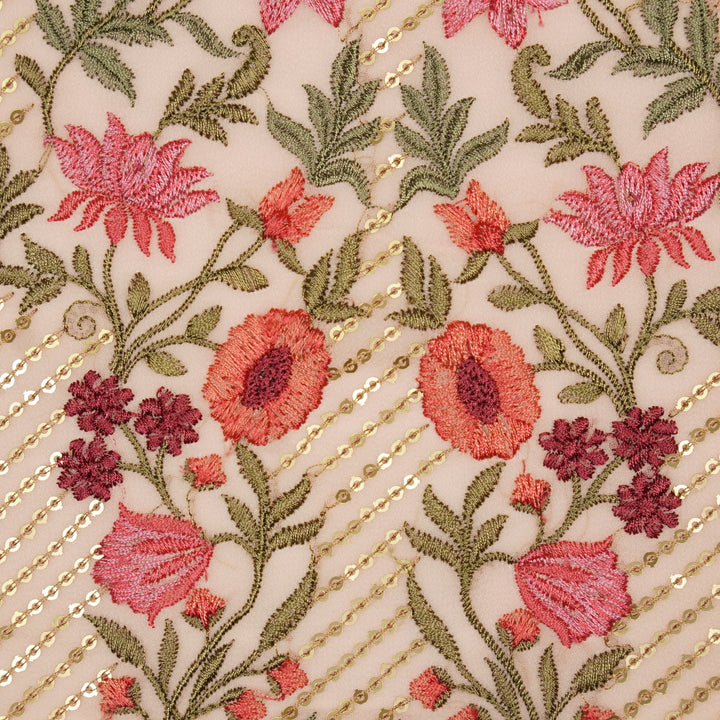 Kanan Jaal on Light Peach Semi Georgette Embroidered Fabric