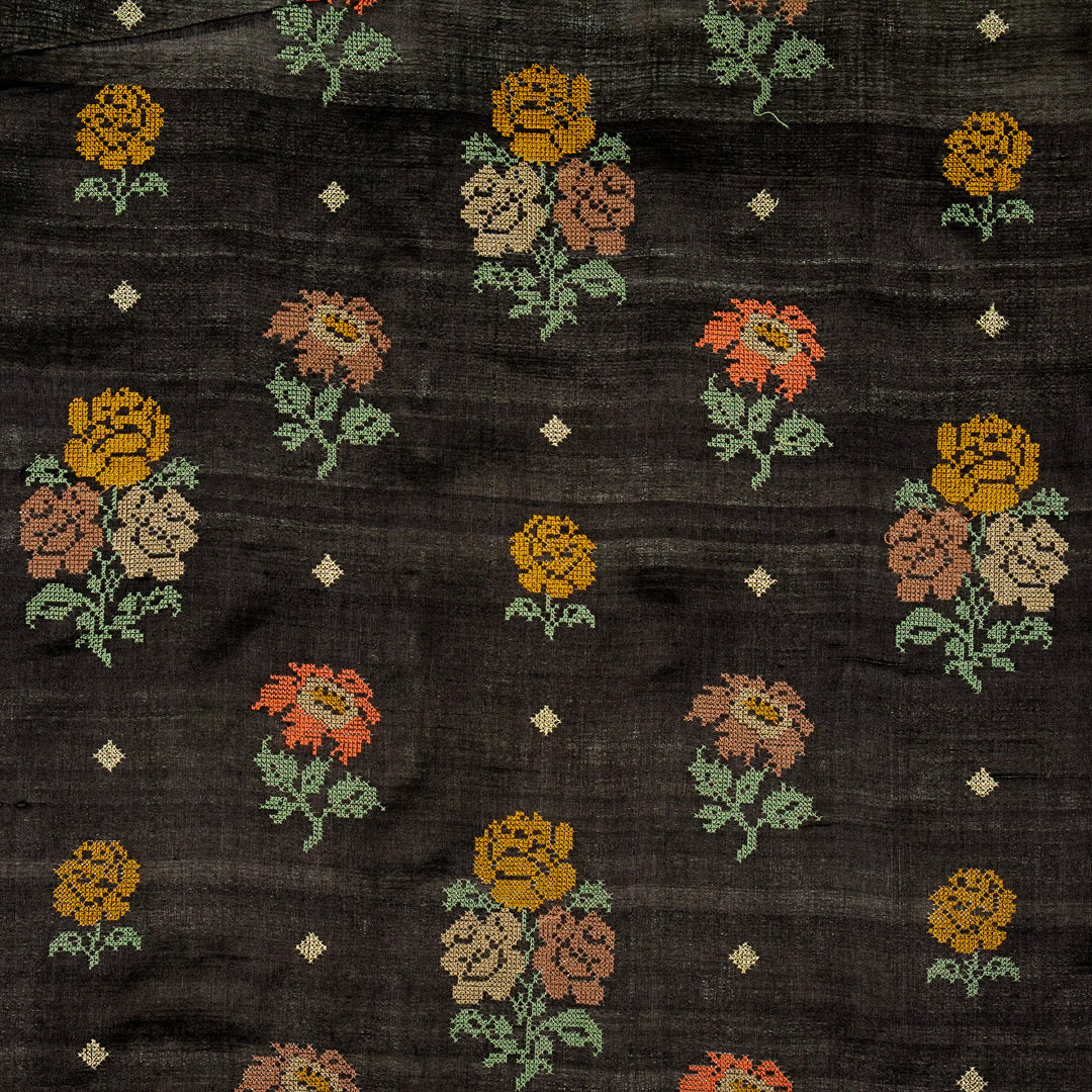 Noorain Buta On Black Tussar Silk Embroidered Fabric