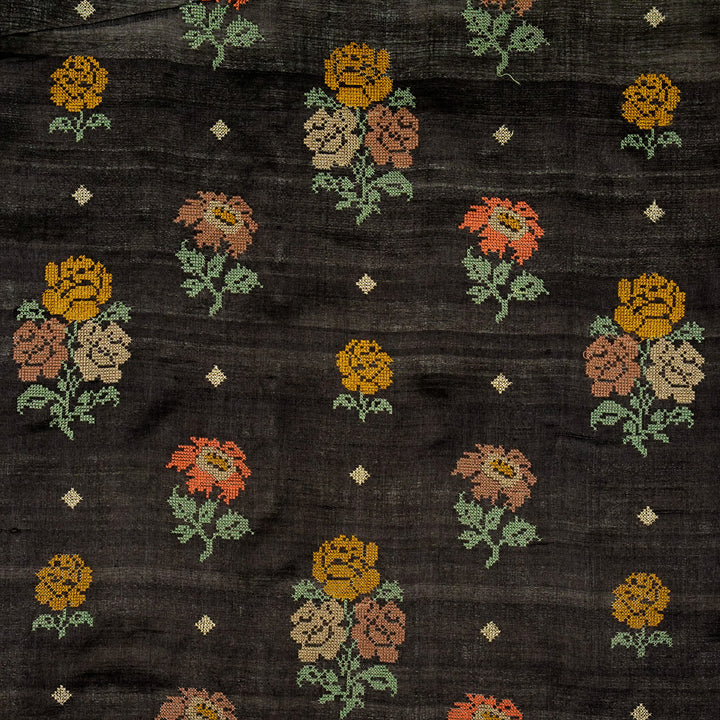 Noorain Buta On Black Tussar Silk Embroidered Fabric