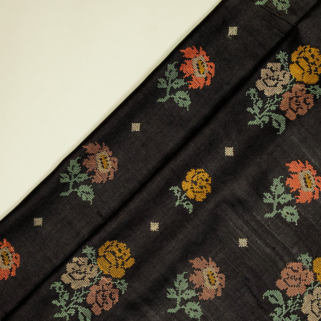 Noorain Buta On Black Tussar Silk Embroidered Fabric