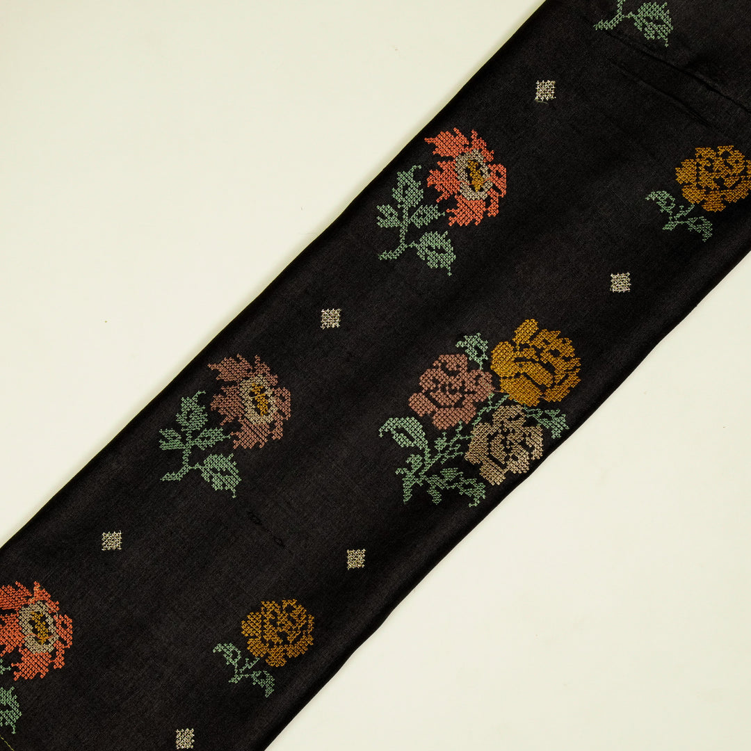 Noorain Buta On Black Tussar Silk Embroidered Fabric