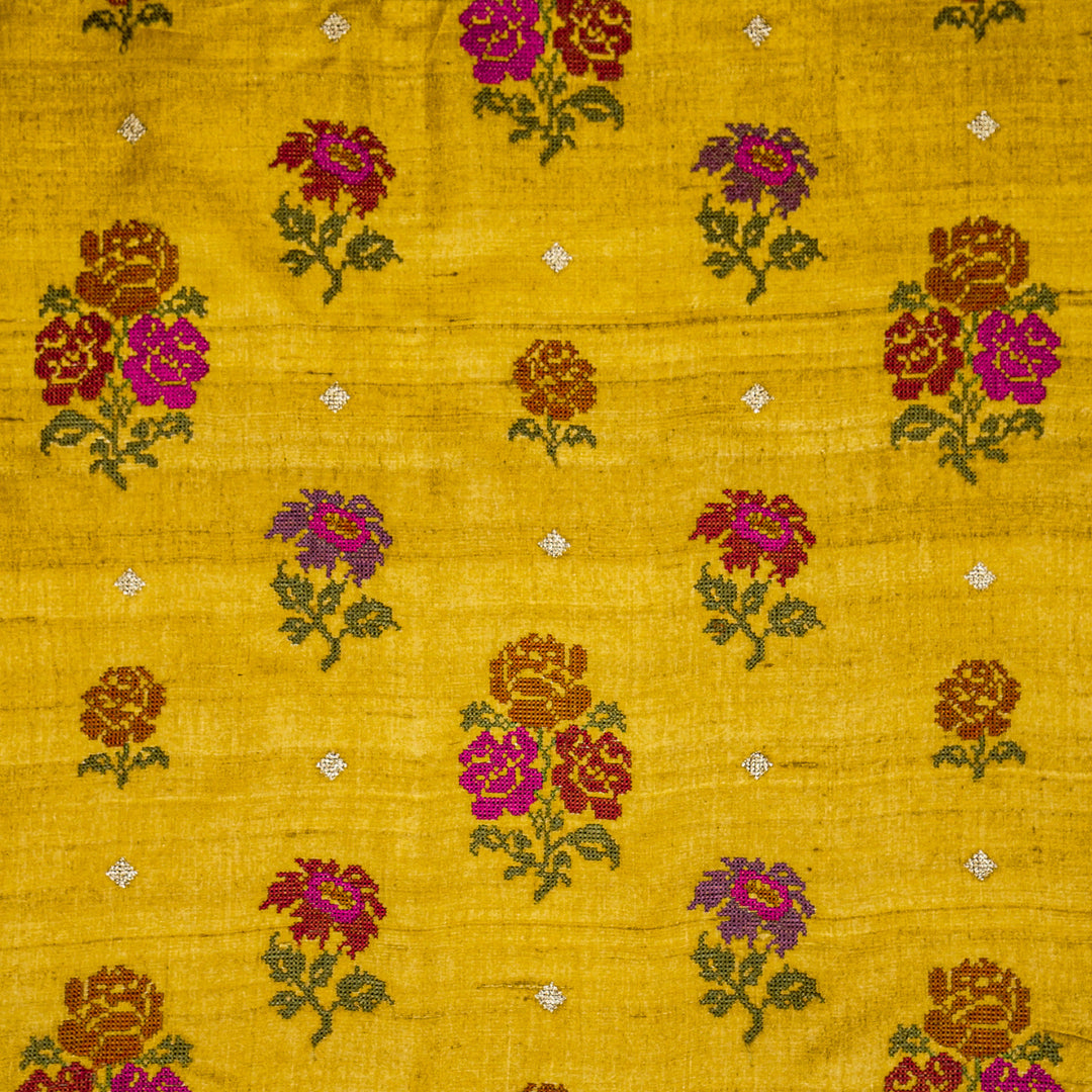 Noorain Buta On Gold Tussar Silk Embroidered Fabric