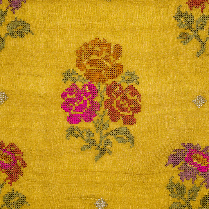 Noorain Buta On Gold Tussar Silk Embroidered Fabric