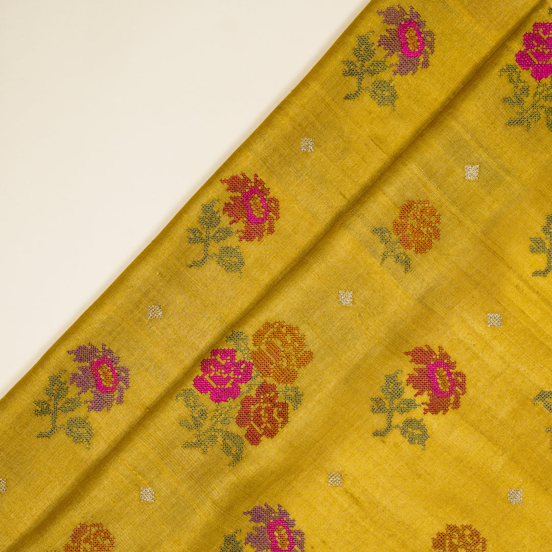 Noorain Buta On Gold Tussar Silk Embroidered Fabric