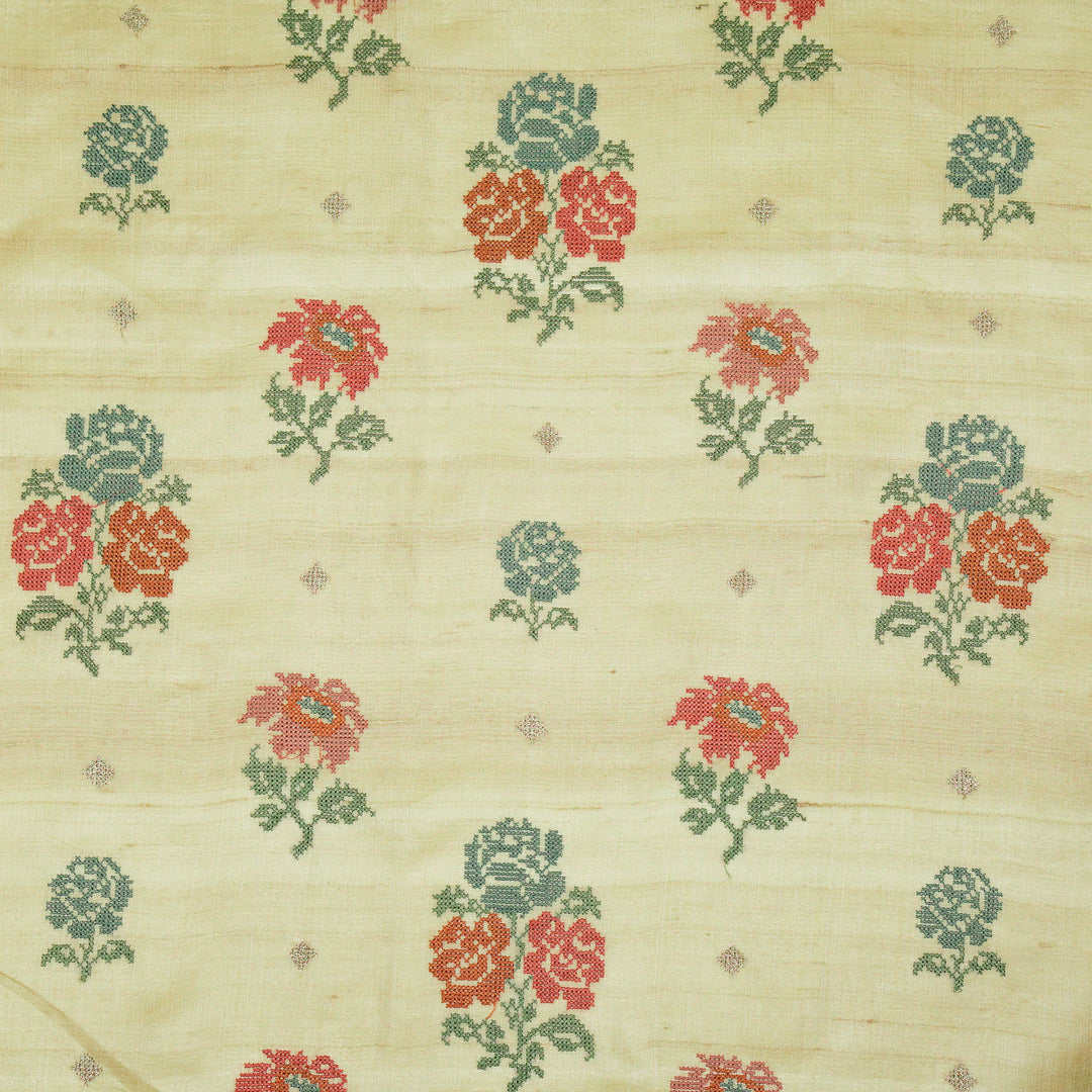 Noorain Buta On Light Olive Tussar Silk Embroidered Fabric