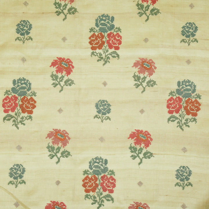 Noorain Buta On Light Olive Tussar Silk Embroidered Fabric