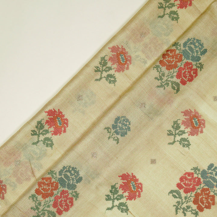 Noorain Buta On Light Olive Tussar Silk Embroidered Fabric