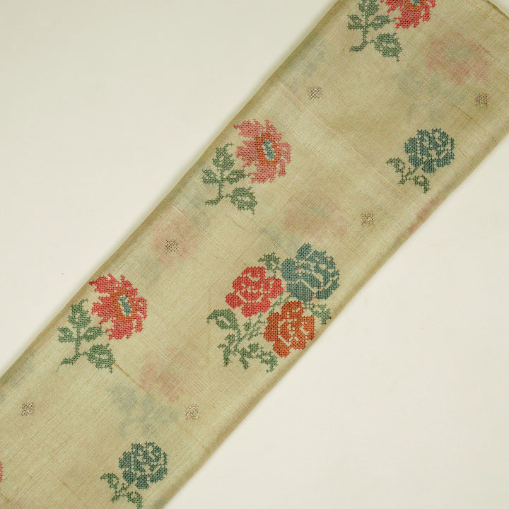 Noorain Buta On Light Olive Tussar Silk Embroidered Fabric