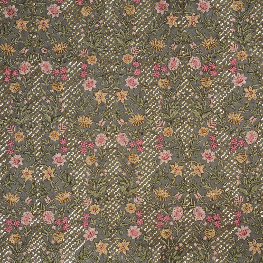 Kanan Jaal on Charcoal Semi Georgette Embroidered Fabric