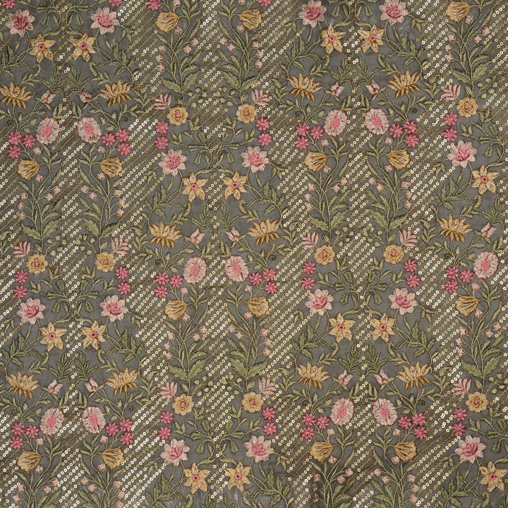 Kanan Jaal on Charcoal Semi Georgette Embroidered Fabric