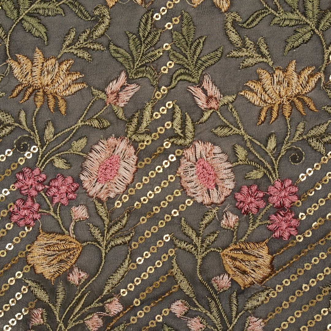 Kanan Jaal on Charcoal Semi Georgette Embroidered Fabric