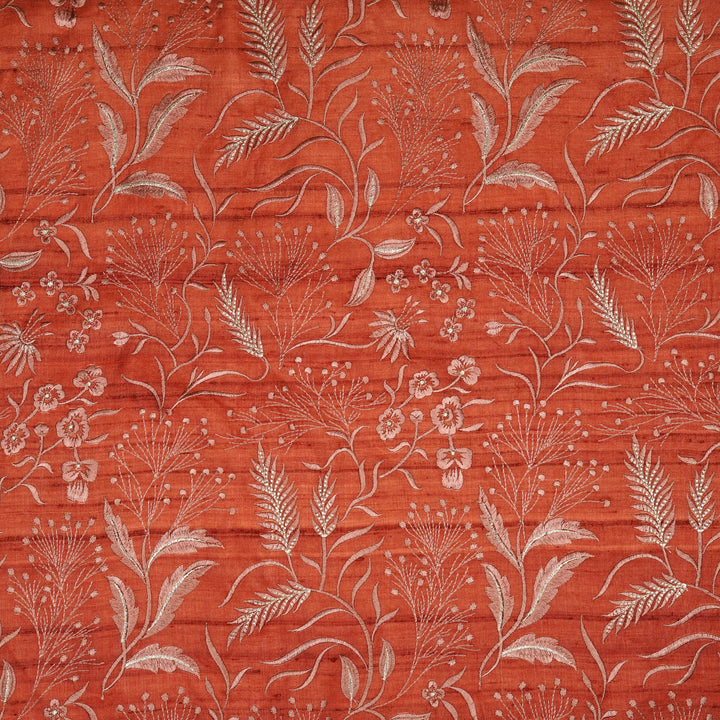 Tarali Jaal On Rust Tussar Silk Embroidered Fabric