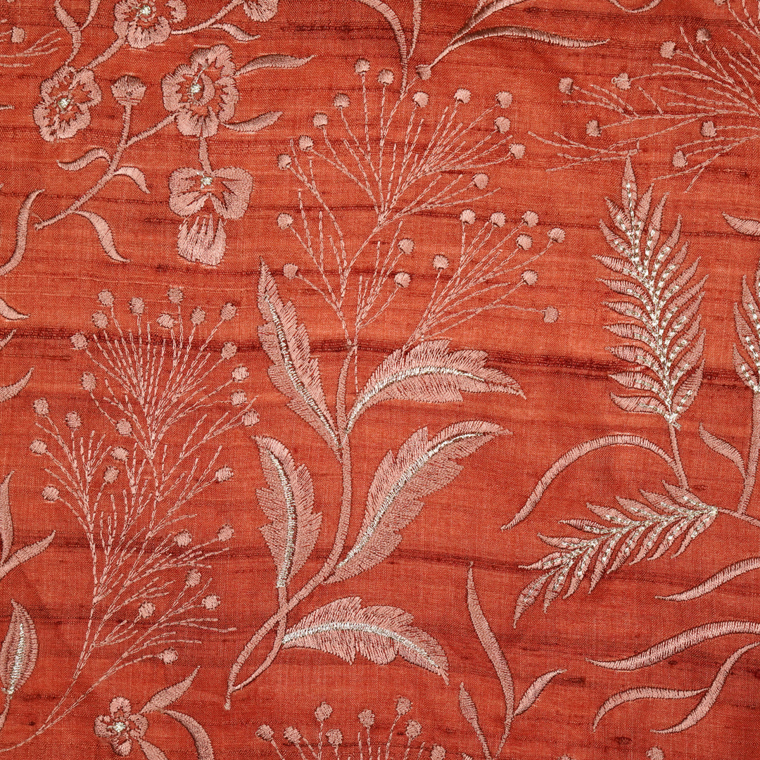 Tarali Jaal On Rust Tussar Silk Embroidered Fabric