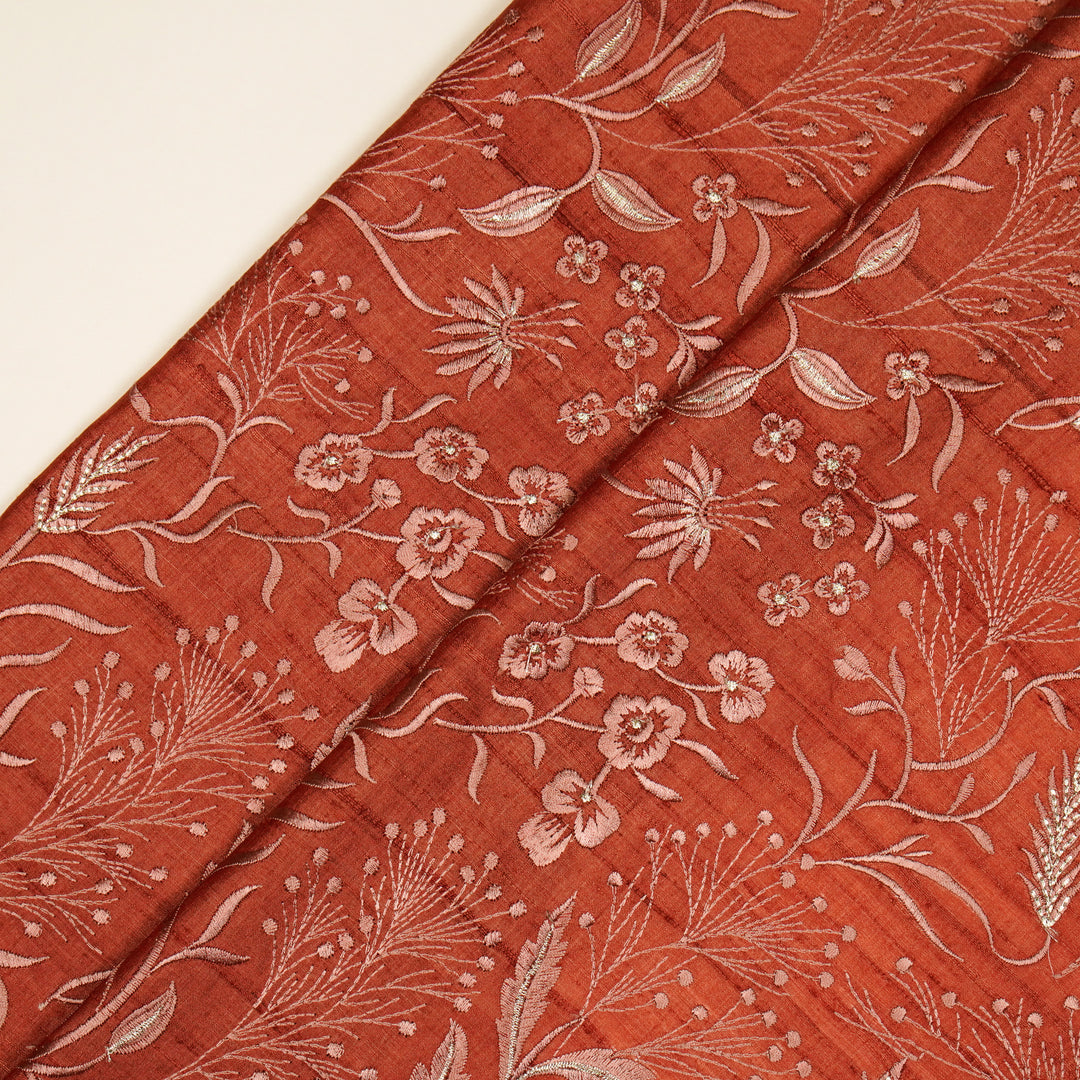 Tarali Jaal On Rust Tussar Silk Embroidered Fabric
