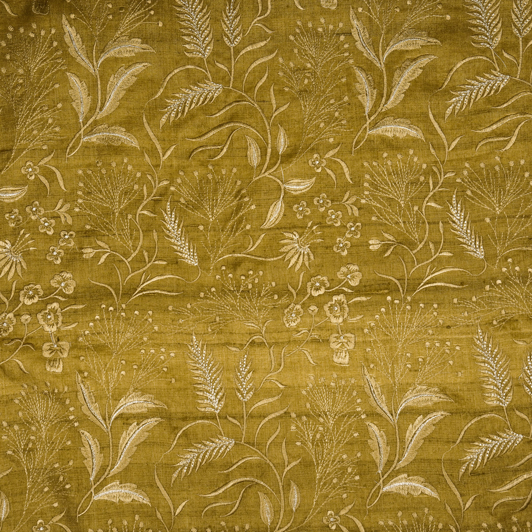 Tarali Jaal On Olive Tussar Silk Embroidered Fabric