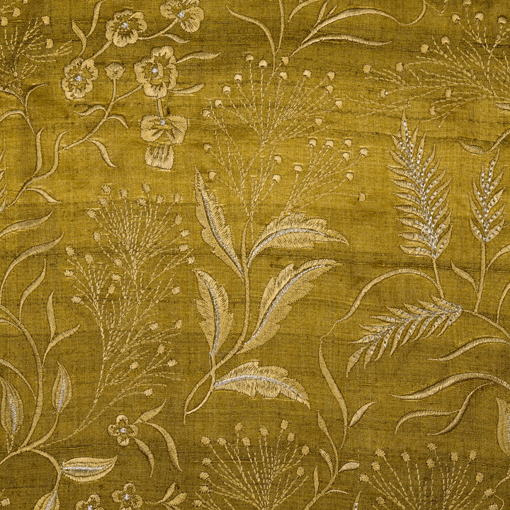Tarali Jaal On Olive Tussar Silk Embroidered Fabric