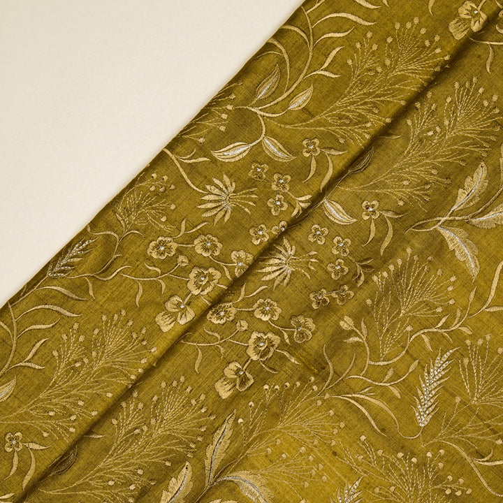 Tarali Jaal On Olive Tussar Silk Embroidered Fabric