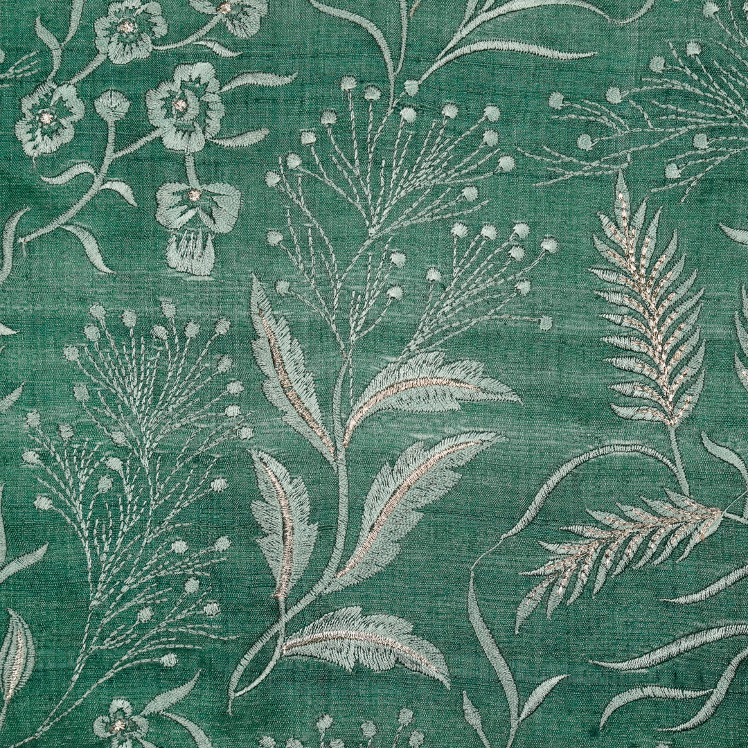 Tarali Jaal On Teal Tussar Silk Embroidered Fabric