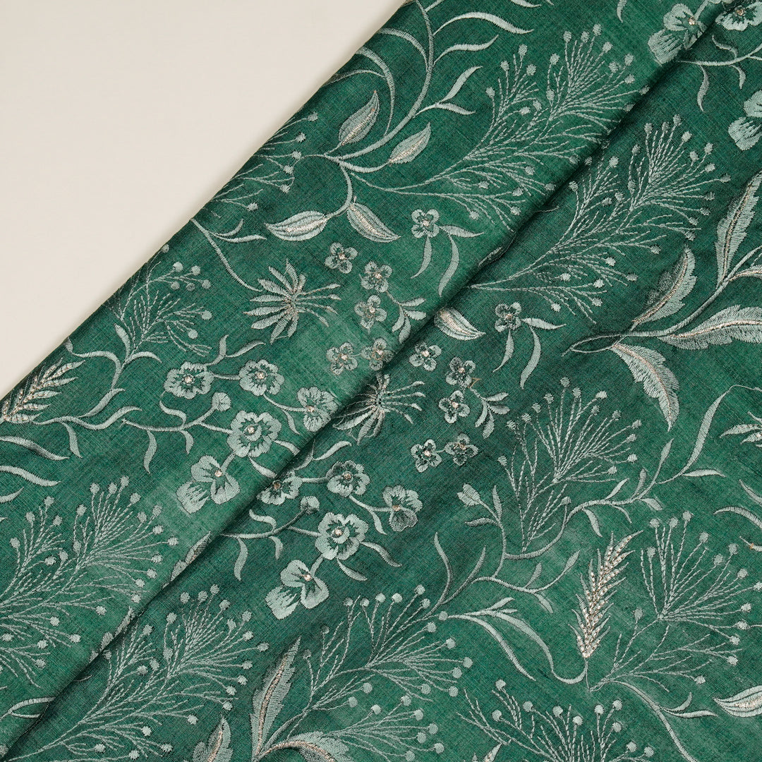 Tarali Jaal On Teal Tussar Silk Embroidered Fabric