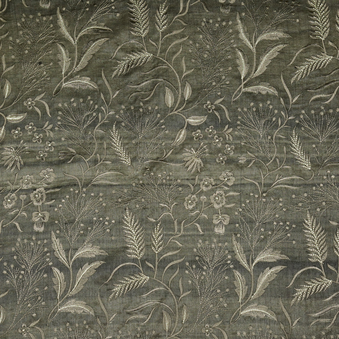 Tarali Jaal On Charcoal Tussar Silk Embroidered Fabric