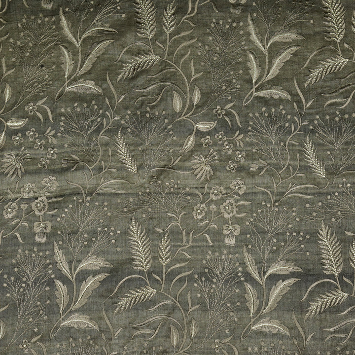 Tarali Jaal On Charcoal Tussar Silk Embroidered Fabric