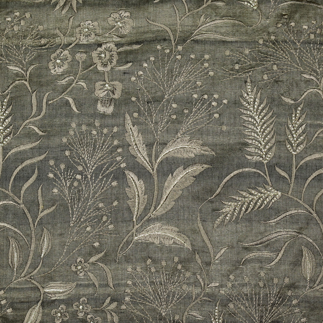 Tarali Jaal On Charcoal Tussar Silk Embroidered Fabric