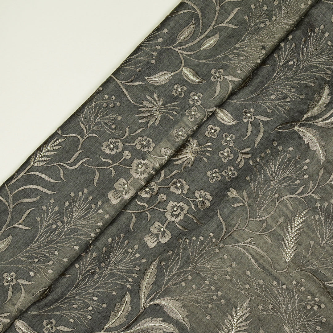 Tarali Jaal On Charcoal Tussar Silk Embroidered Fabric